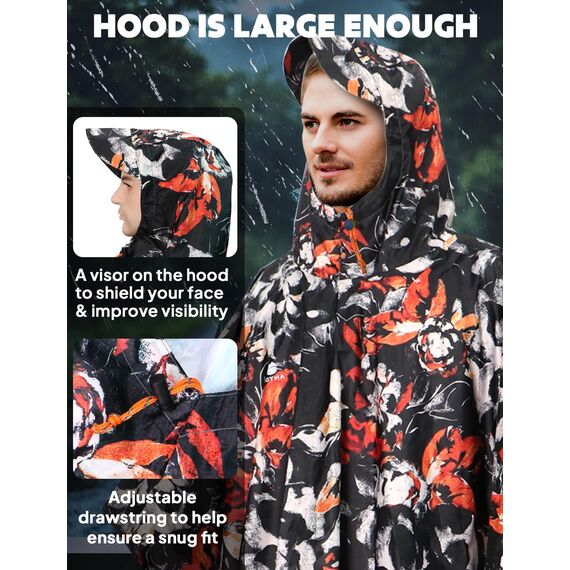 ANYOO Leichter Wasserdichter Regenponcho Herren und Damen Regenjacken Ripstop Atmungsaktiver Mehrzweck Regenmantel mit Kapuze für Outdoor Wandern Camping Angeln, Blumen, Einheitsgröße