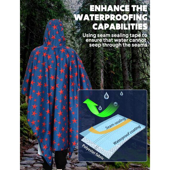 ANYOO Leichter Wasserdichter Regenponcho Herren und Damen Regenjacken Ripstop Atmungsaktiver Mehrzweck Regenmantel mit Kapuze für Outdoor Wandern Camping Angeln, Seestern, Einheitsgröße