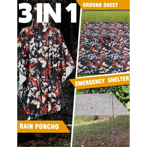 ANYOO Leichter Wasserdichter Regenponcho Herren und Damen Regenjacken Ripstop Atmungsaktiver Mehrzweck Regenmantel mit Kapuze für Outdoor Wandern Camping Angeln, Blumen, Einheitsgröße
