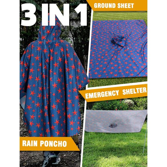 ANYOO Leichter Wasserdichter Regenponcho Herren und Damen Regenjacken Ripstop Atmungsaktiver Mehrzweck Regenmantel mit Kapuze für Outdoor Wandern Camping Angeln, Seestern, Einheitsgröße