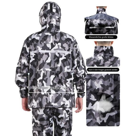 Coutyuyi Herren & Damen Regenanzug Reflektierender 100% Wasserdichter Anzug Outdoor Regenmantel Winddicht Regenjacke （S, Grau Camouflage）