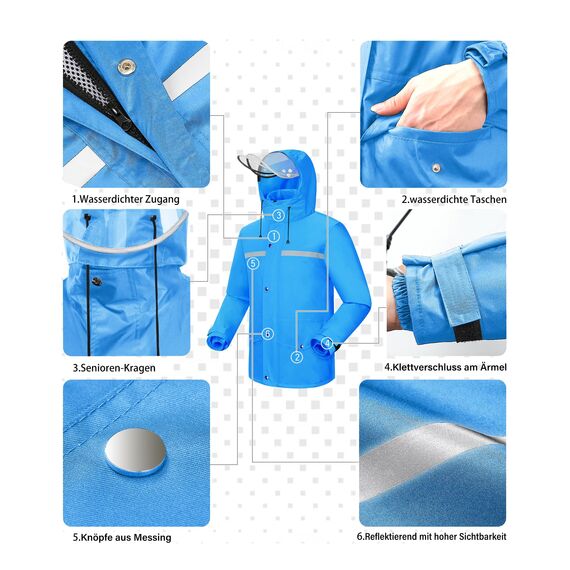 Coutyuyi Herren & Damen Regenanzug Reflektierender 100% Wasserdichter Anzug Outdoor Regenmantel Winddicht Regenjacke （S, Blau）