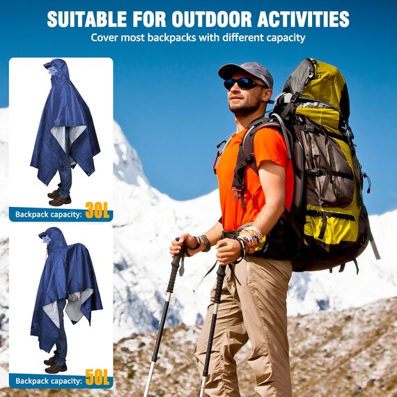 ANYOO Leichter Wasserdichter Regenponcho Wiederverwendbar Atmungsaktiver Regenschutz, Unisex Ripstop Regenmantel mit Kapuze Faltbare für im Freien Camping Wandern Angeln, Marine, Einheitsgröße