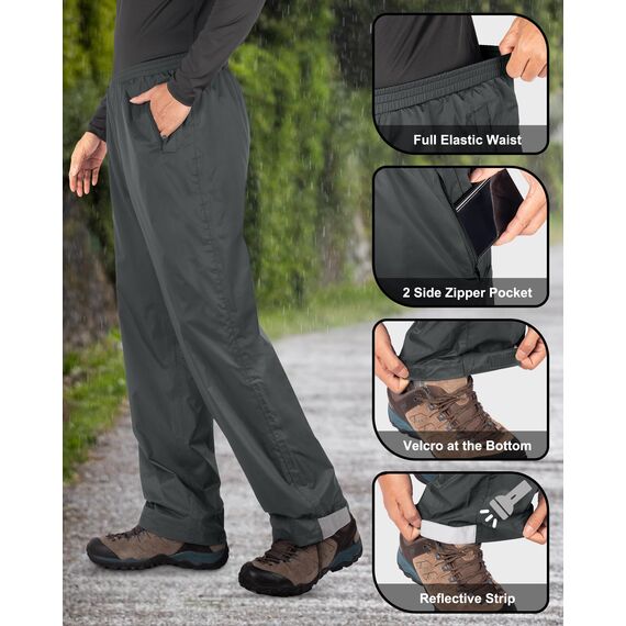 33,000ft Packbare Regenhose Herren Wasserdicht Leichte Fahrrad Überziehhose Winddicht Reflektierende Wanderhose zum Golf Outdoor Angeln Mittelgrau XL