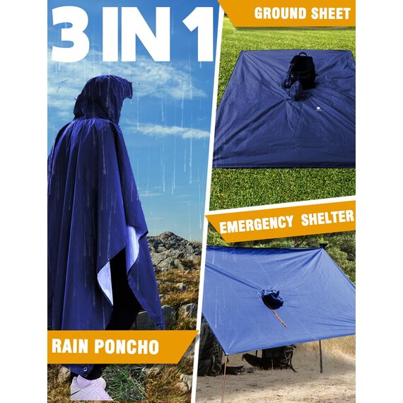 ANYOO Leichter Wasserdichter Regenponcho Wiederverwendbar Atmungsaktiver Regenschutz, Unisex Ripstop Regenmantel mit Kapuze Faltbare für im Freien Camping Wandern Angeln, Marine, Einheitsgröße