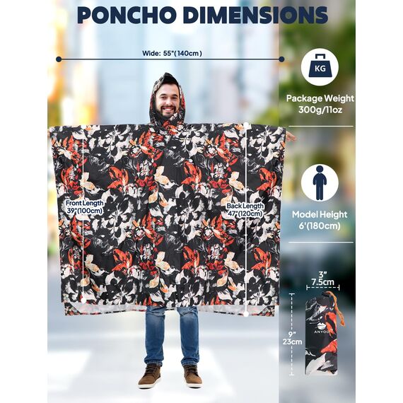 ANYOO Leichter Wasserdichter Regenponcho Herren und Damen Regenjacken Ripstop Atmungsaktiver Mehrzweck Regenmantel mit Kapuze für Outdoor Wandern Camping Angeln, Blumen, Einheitsgröße