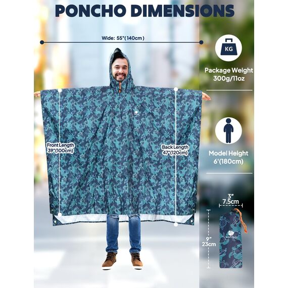 ANYOO Leichter Wasserdichter Regenponcho Herren und Damen Regenjacken Ripstop Atmungsaktiver Mehrzweck Regenmantel mit Kapuze für Outdoor Wandern Camping Angeln, Schildkröten, Einheitsgröße