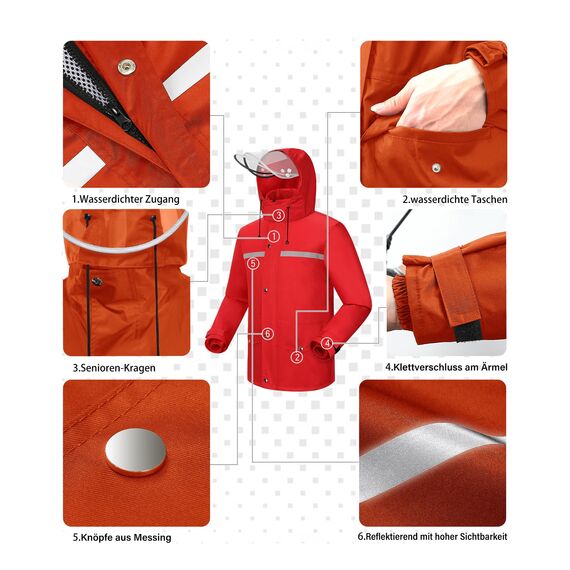 Coutyuyi Herren & Damen Regenanzug Reflektierender 100% Wasserdichter Anzug Outdoor Regenmantel Winddicht Regenjacke （XL, Rot）