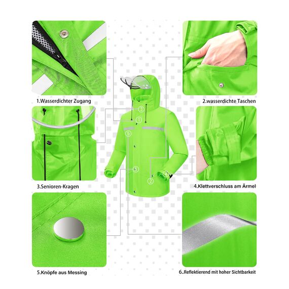 Coutyuyi Herren & Damen Regenanzug Reflektierender 100% Wasserdichter Anzug Outdoor Regenmantel Winddicht Regenjacke （L, Grün）