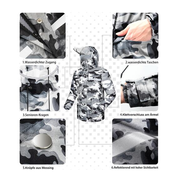 Coutyuyi Herren & Damen Regenanzug Reflektierender 100% Wasserdichter Anzug Outdoor Regenmantel Winddicht Regenjacke （S, Grau Camouflage）