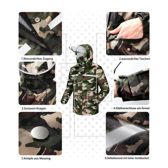 Coutyuyi Herren & Damen Regenanzug Reflektierender 100% Wasserdichter Anzug Outdoor Regenmantel Winddicht Regenjacke （L, Dunkelgrün Camouflage）