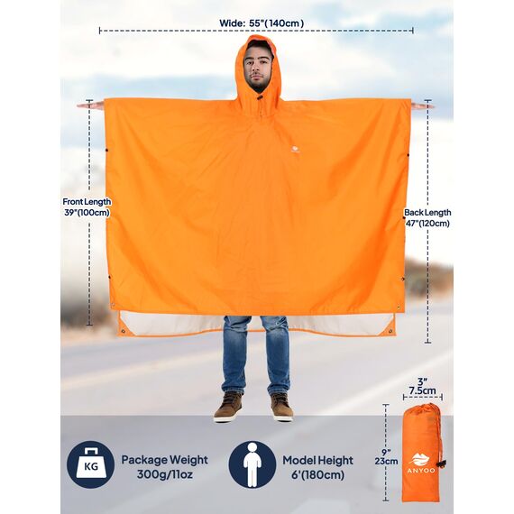 ANYOO Leichter Wasserdichter Regenjacken Wiederverwendbar Ripstop Atmungsaktiver Mehrzweck Regenmantel mit Kapuze Schutzdecke Unterschlupf für im Freien Camping Wandern Angeln, Orange, Einheitsgröße