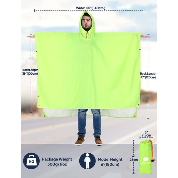 ANYOO Leichter Wasserdichter Regencape Regenjacken Atmungsaktiver Regenschutz, Unisex Ripstop Regenmantel mit Kapuze für im Freien Camping Wandern Angeln, Grüngelb, Einheitsgröße