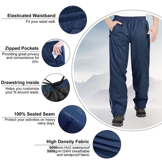33,000ft wasserdichte Regenhose für Herren Leichte Regenhose Winddichte Outdoorhose zum Wandern Camping Golf Blau S 34L