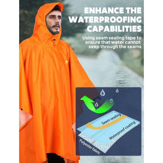 ANYOO Leichter Wasserdichter Regenjacken Wiederverwendbar Ripstop Atmungsaktiver Mehrzweck Regenmantel mit Kapuze Schutzdecke Unterschlupf für im Freien Camping Wandern Angeln, Orange, Einheitsgröße