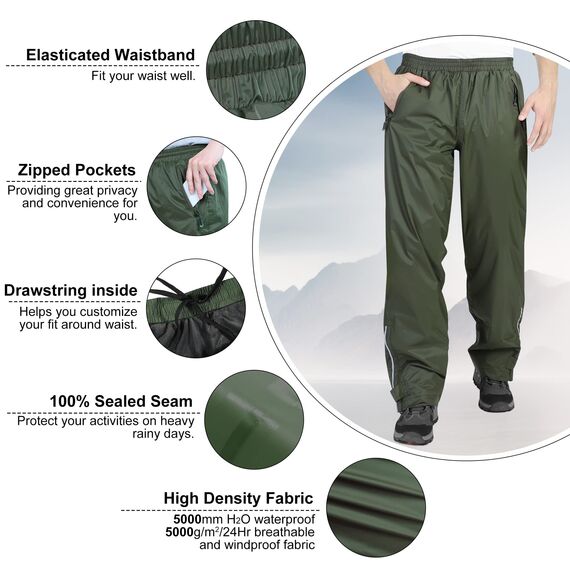 33,000ft wasserdichte Regenhose für Herren Leichte Regenhose Winddichte Outdoorhose zum Wandern Camping Golf Armeegrün XL 30L