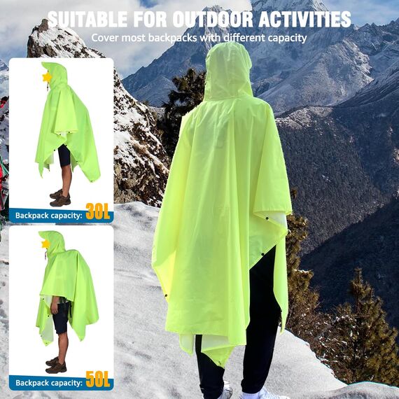 ANYOO Leichter Wasserdichter Regencape Regenjacken Atmungsaktiver Regenschutz, Unisex Ripstop Regenmantel mit Kapuze für im Freien Camping Wandern Angeln, Grüngelb, Einheitsgröße
