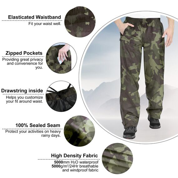 33,000ft wasserdichte Regenhose für Herren Leichte Regenhose Winddichte Outdoorhose zum Wandern Camping Golf Jagdtarnung M /32L