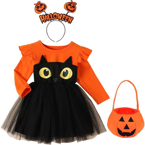 KYOEOE 3er Kürbis Kostüm Kinder Set,Halloween Kostüm Kleinkind Kürbis Kleid mit Haarreif ＆ Tasche,2-3 Jahre Kürbiskostüm Baby Mädchen Pumpkin Costume Halloween Fancy Dress Outfits Cosplay Kostüme