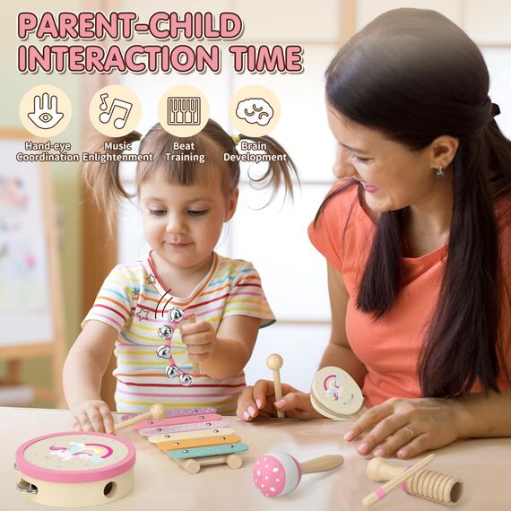 Lehoo Castle Musikinstrumente für Kinder ab 1 Jahr, Mädchen Montessori Spielzeug Geschenk 2 3 Jahre, Kinder Holz Instrumente Musik Set mit Xylophon & Tromme
