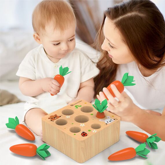 KMTJT Holzspielzeug ab 1 Jahr | Baby Motorik, Montessori Spielzeug 2 3 Jahre | für 6-12 Monate Jungen Mädchen | Sortierspiel Holzpuzzle Karottenernte | Lernspielzeug Geschenke für Kinder Kleinkind