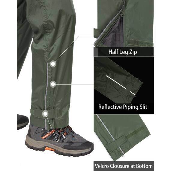 33,000ft Men's Rain Pants, Lightweight Waterproof Rain Over Pants, Windproof Outdoor Pants for Hiking, Fishing Army Green