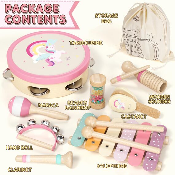 Lehoo Castle Musikinstrumente für Kinder ab 1 Jahr, Mädchen Montessori Spielzeug Geschenk 2 3 Jahre, Kinder Holz Instrumente Musik Set mit Xylophon & Tromme