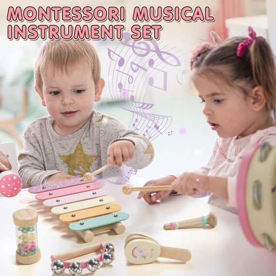 Lehoo Castle Musikinstrumente für Kinder ab 1 Jahr, Mädchen Montessori Spielzeug Geschenk 2 3 Jahre, Kinder Holz Instrumente Musik Set mit Xylophon & Tromme