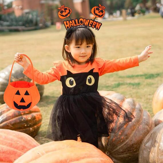 KYOEOE 3er Kürbis Kostüm Kinder Set,Halloween Kostüm Kleinkind Kürbis Kleid mit Haarreif ＆ Tasche,3-5 Jahre Kürbiskostüm Mädchen Pumpkin Costume Halloween Fancy Dress Outfits Cosplay Kostüme