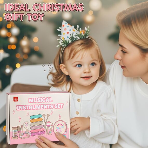 Lehoo Castle Musikinstrumente für Kinder ab 1 Jahr, Mädchen Montessori Spielzeug Geschenk 2 3 Jahre, Kinder Holz Instrumente Musik Set mit Xylophon & Tromme