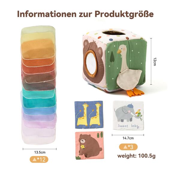 Montessori Spielzeug Baby Tücherbox,Baby Sensorik Spielzeug 6-12 Monate Motorikspielzeug Tissue Box für ab 1 2 3 Jahre Mädchen Jungen,Kinder Frühes Lernspielzeug Geschenke mit Spiegel,Farben,Texturen