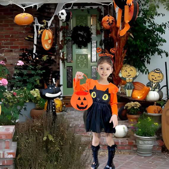 KYOEOE 3er Kürbis Kostüm Kinder Set,Halloween Kostüm Kleinkind Kürbis Kleid mit Haarreif ＆ Tasche,18-24 Monate Kürbiskostüm Baby Mädchen Pumpkin Costume Halloween Fancy Dress Outfits Cosplay Kostüme