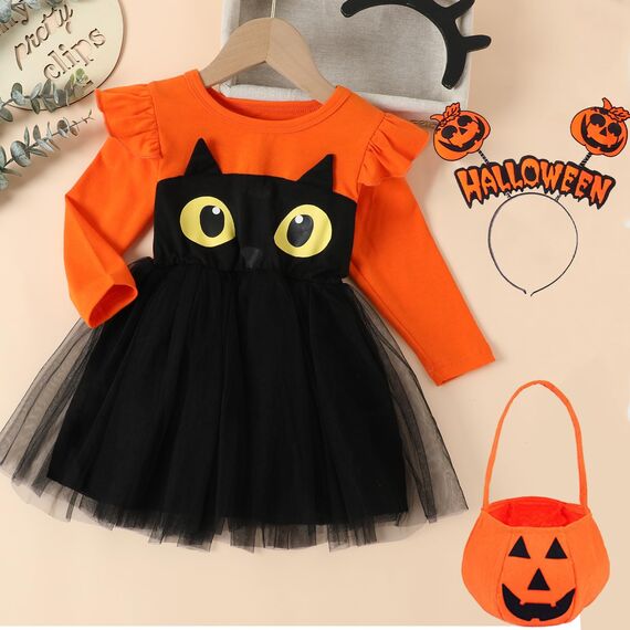 KYOEOE 3er Kürbis Kostüm Kinder Set,Halloween Kostüm Kleinkind Kürbis Kleid mit Haarreif ＆ Tasche,5-6 Jahre Kürbiskostüm Mädchen Pumpkin Costume Halloween Fancy Dress Outfits Cosplay Kostüme