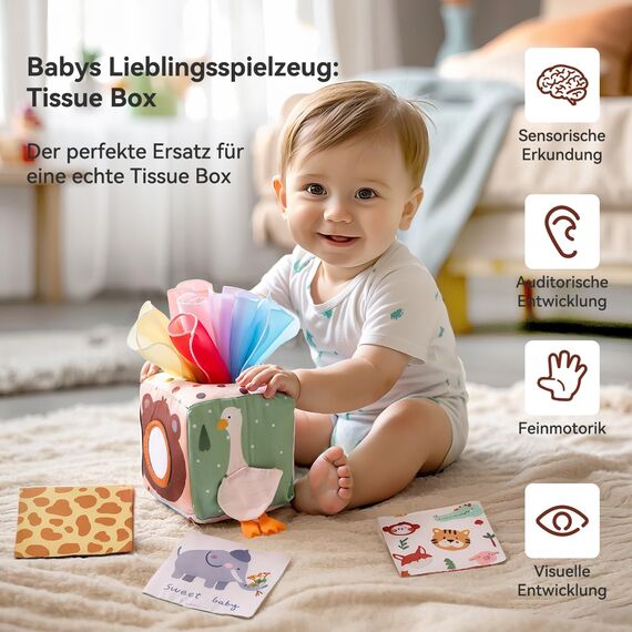 Montessori Spielzeug Baby Tücherbox,Baby Sensorik Spielzeug 6-12 Monate Motorikspielzeug Tissue Box für ab 1 2 3 Jahre Mädchen Jungen,Kinder Frühes Lernspielzeug Geschenke mit Spiegel,Farben,Texturen