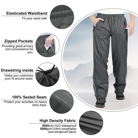 33,000ft wasserdichte Regenhose für Herren Leichte Regenhose Winddichte Outdoorhose zum Wandern Camping Golf Grau 2XL /28L