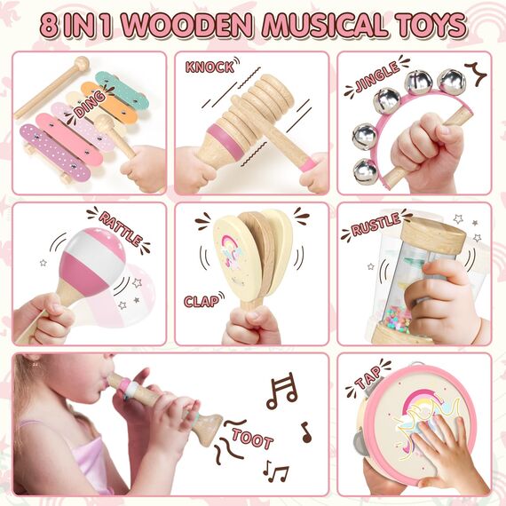 Lehoo Castle Musikinstrumente für Kinder ab 1 Jahr, Mädchen Montessori Spielzeug Geschenk 2 3 Jahre, Kinder Holz Instrumente Musik Set mit Xylophon & Tromme