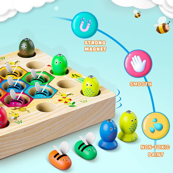 COOLJOYA Magnetische Angelspiel ab 2 Jahre, Montessori Spielzeug ab 2 Jahre, Baby Holzspielzeug, Motorikspielzeug Fische Angeln Spiel 2 3 Jahre Mädchen Junge Kinder, Ostern Geschenke Kinder