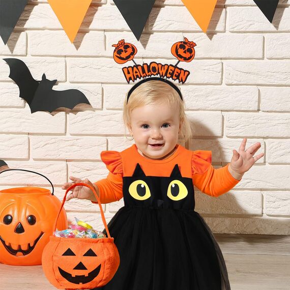 KYOEOE 3er Kürbis Kostüm Kinder Set,Halloween Kostüm Kleinkind Kürbis Kleid mit Haarreif ＆ Tasche,5-6 Jahre Kürbiskostüm Mädchen Pumpkin Costume Halloween Fancy Dress Outfits Cosplay Kostüme
