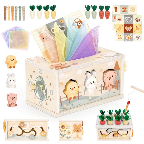 Vanplay Montessori Spielzeug Baby 12 Monate, 6 in 1 Tücherbox Baby Spielzeug ab 1 Jahr, Holzspielzeug Motorikspielzeug ab 1 2 3 Jahre Mädchen Junge, Geschenk Kind 1 Jahr
