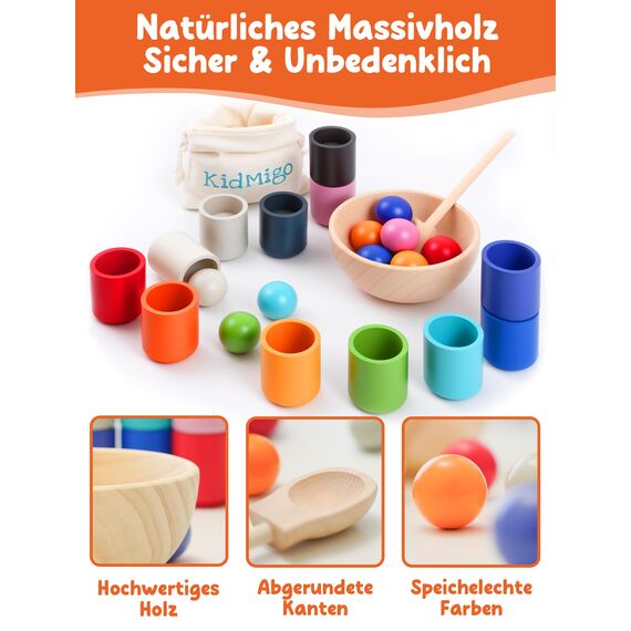 KidMigo Montessori Spielzeug ab 1 2 3 Jahre – Motorikspielzeug Holz mit 12 Bällen & Bechern, Sortierspiel Kinder, Lernspielzeug, Holzspielzeug, Geschenk Mädchen Jungen 2 Jahre