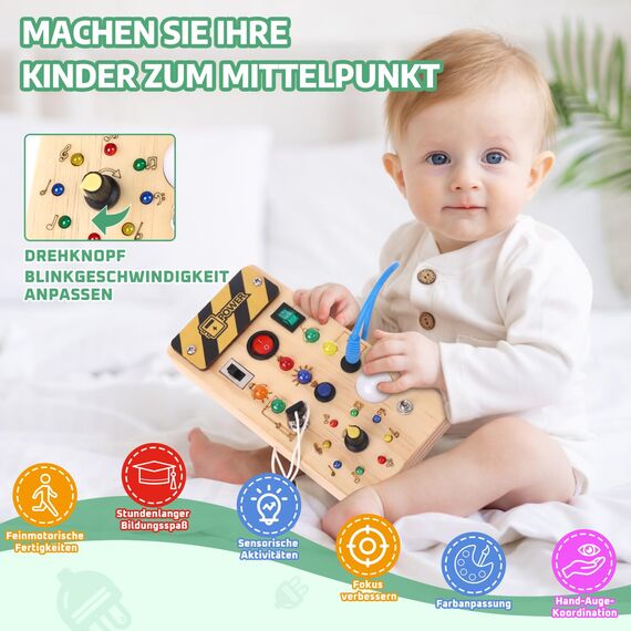 Konijiwa Montessori Busy Board Activity Board ab 1 Jahr Holzspielzeug mit 15 LED Lichtschalterspielzeug Sensorisches Lernspielzeug für Babys und Kleinkinder ab 1 2 3 Jahre