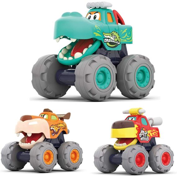 HOLA Baby Spielzeug 1 2 3 Jahre Junge, 3 Stück Monstertruck Reibungsbetriebene Rennwagen LKW Zurückziehen Push and Go Trägheit Fahrzeug , Geschenk