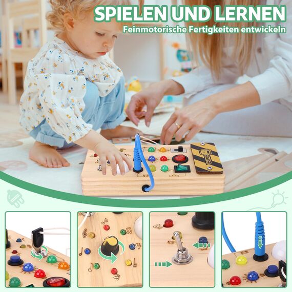 Konijiwa Montessori Busy Board Activity Board ab 1 Jahr Holzspielzeug mit 15 LED Lichtschalterspielzeug Sensorisches Lernspielzeug für Babys und Kleinkinder ab 1 2 3 Jahre