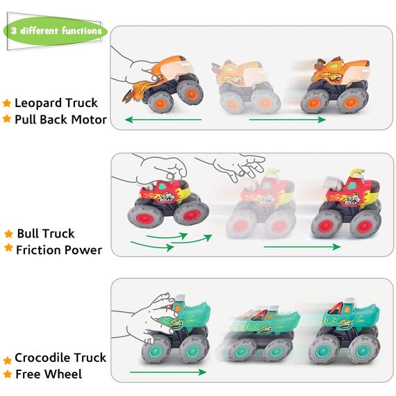 HOLA Baby Spielzeug 1 2 3 Jahre Junge, 3 Stück Monstertruck Reibungsbetriebene Rennwagen LKW Zurückziehen Push and Go Trägheit Fahrzeug , Geschenk