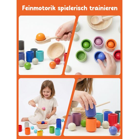 KidMigo Montessori Spielzeug ab 1 2 3 Jahre – Motorikspielzeug Holz mit 12 Bällen & Bechern, Sortierspiel Kinder, Lernspielzeug, Holzspielzeug, Geschenk Mädchen Jungen 2 Jahre