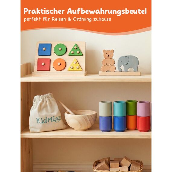 KidMigo Montessori Spielzeug ab 1 2 3 Jahre – Motorikspielzeug Holz mit 12 Bällen & Bechern, Sortierspiel Kinder, Lernspielzeug, Holzspielzeug, Geschenk Mädchen Jungen 2 Jahre