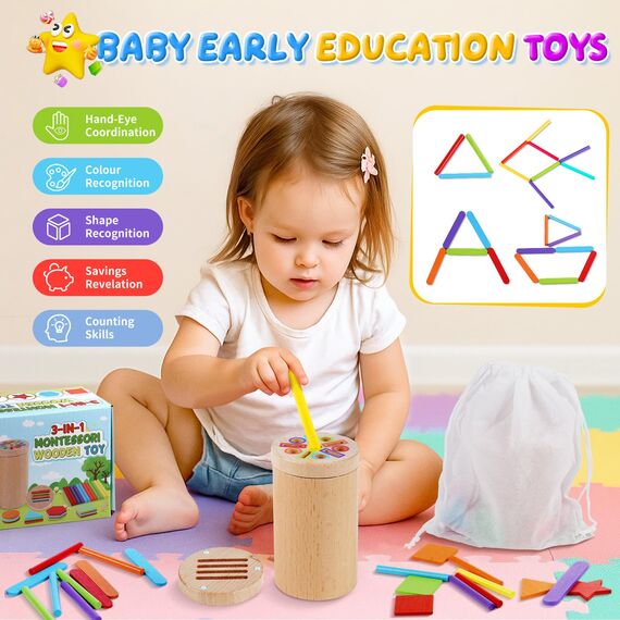 Montessori Spielzeug ab 1 Jahr, Motorikspielzeug Montessori Spielzeug 2 Jahre, 3-in-1 Montessori Spielzeug Baby ab 1 2 3 Jahre Holzspielzeug Steckspiel Sortierspiel Kleinkind Sensorik Geschenke