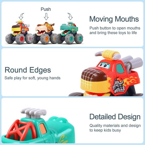 HOLA Baby Spielzeug 1 2 3 Jahre Junge, 3 Stück Monstertruck Reibungsbetriebene Rennwagen LKW Zurückziehen Push and Go Trägheit Fahrzeug , Geschenk
