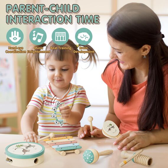 Lehoo Castle Musikinstrumente für Kinder, Montessori Holzspielzeug ab 2 3 Jahre, Instrumente Set mit Xylophone Trommel für Kindergarten, Musik Lernspielzeug Geschenk für Baby Mädchen Junge
