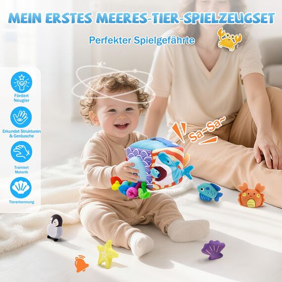 SAIMAND Baby Spielzeug 6-12 Monate – Überraschungs-Entwicklungsbox mit Meerestieren, Rassel & Spiegel, Sensorisches Montessori Lern- und Motorikspielzeug, Geschenke für Kinder 1 2 3 Jahre